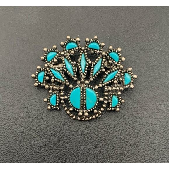 Vintage Silver Tone & Faux Turquoise Southwestern Western Boho Brooch Pin - Picture 2 of 4